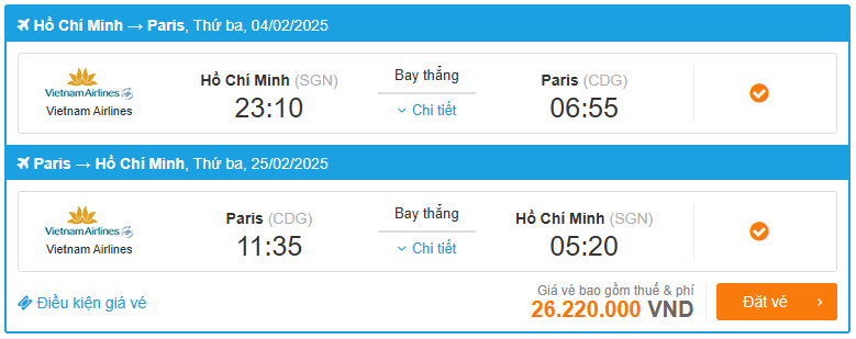 Vé máy bay từ TPHCM/ Hà Nội đi Paris Pháp của Vietnam AIrlines
